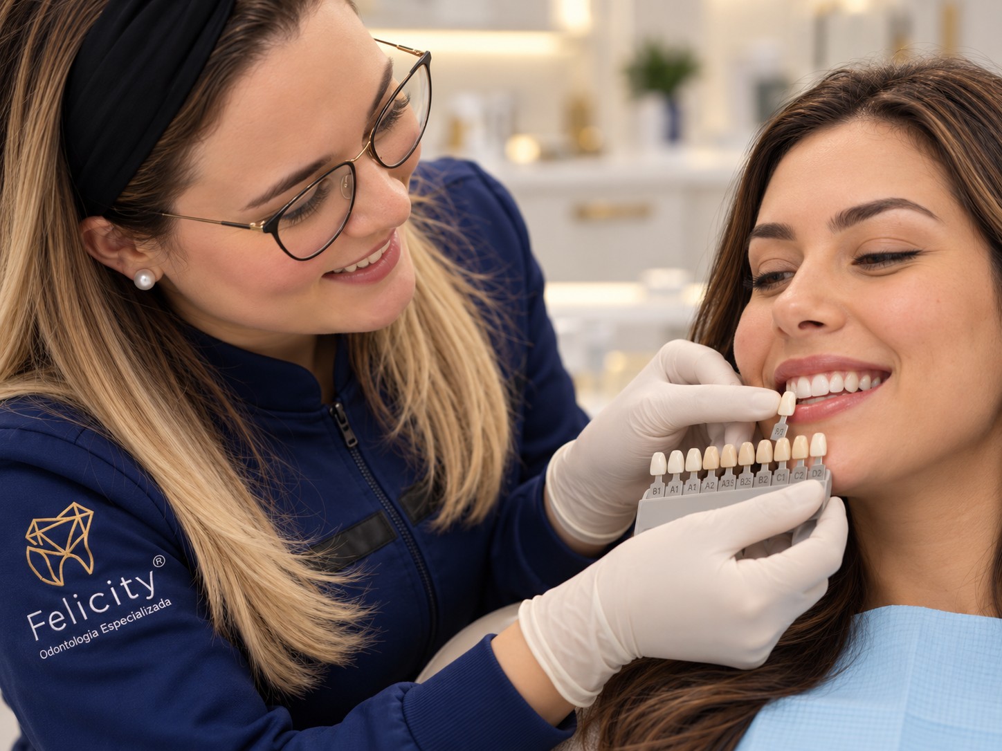 Dra. Juliana comparando opções de sorriso com a paciente durante a avaliação