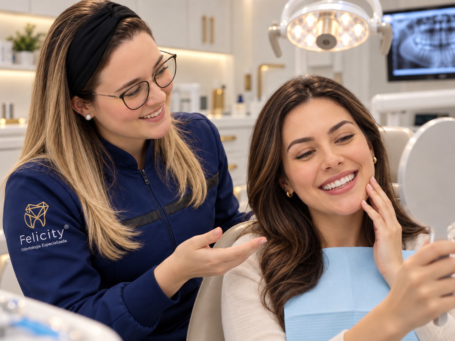 Paciente sorrindo e se olhando no espelho após o procedimento, com a Dra. Juliana ao lado